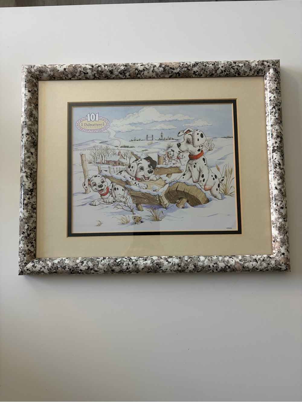 Vintage Disney 101 Dalmatians Speckled Framed Print Winter Snow Scene 12.5x15.5”